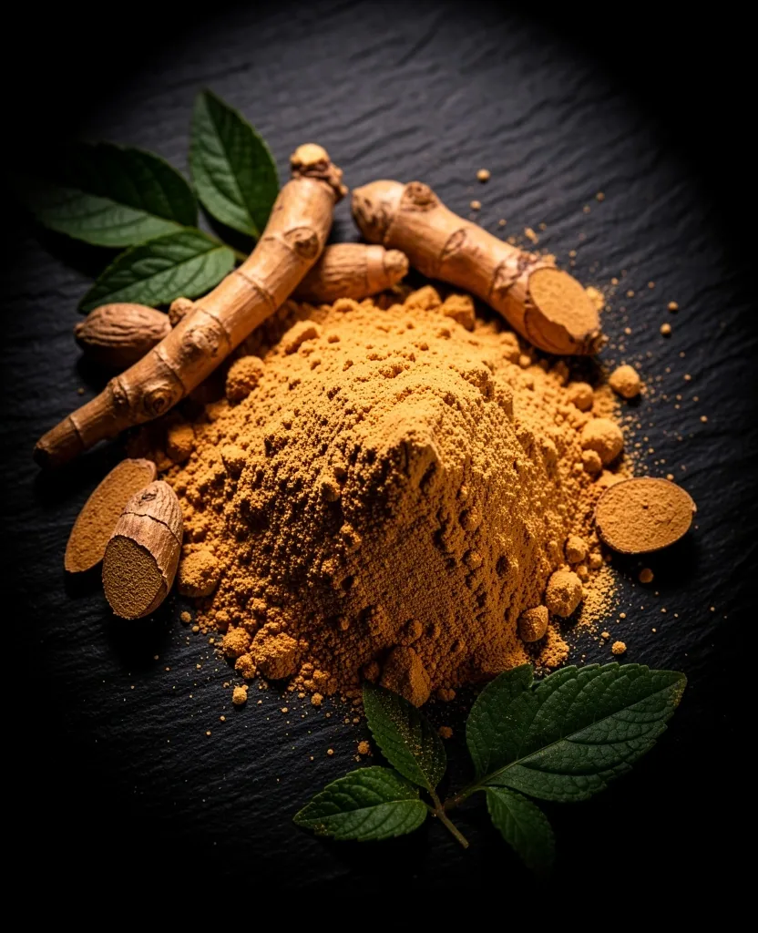 Botanical root powder and leaves on dark surface