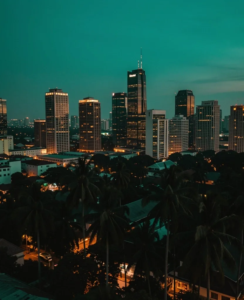 Jakarta cityscape at dusk with warm fading light