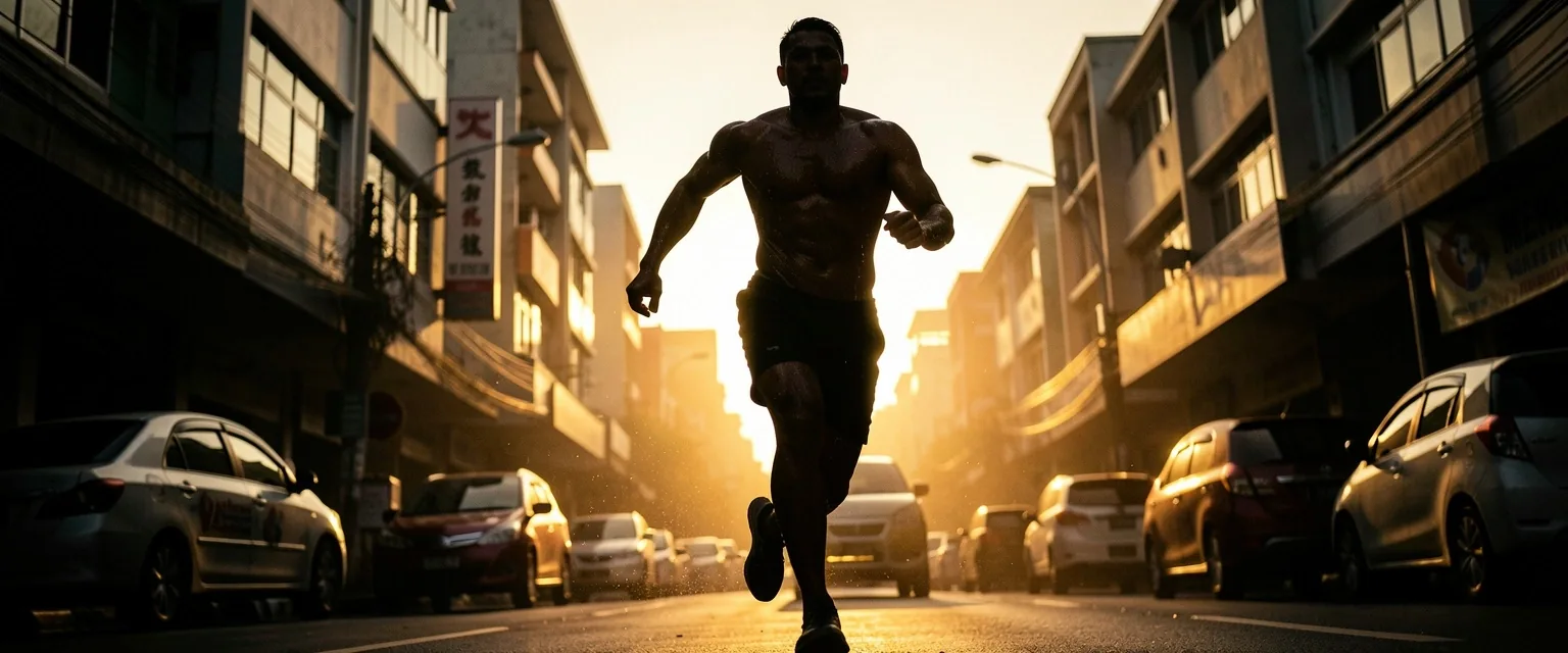 Man running at dawn on an urban street